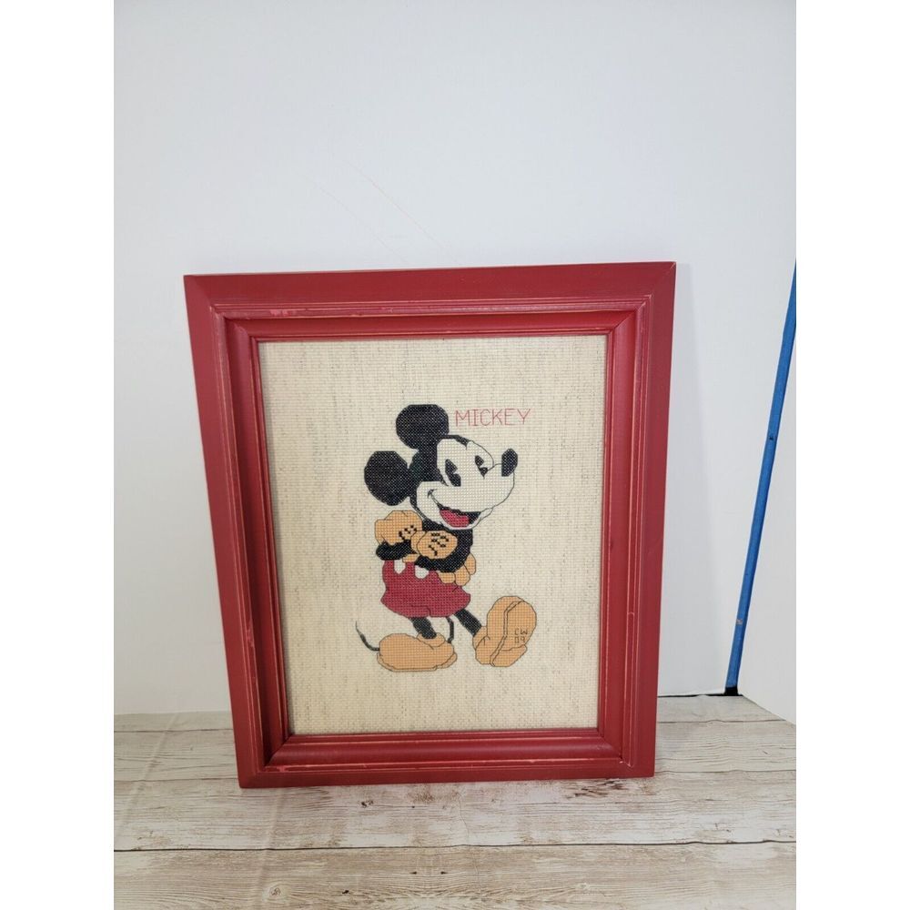 Vintage Mickey Mouse Needlepoint Cross Stitch Finished Framed Art Decor 8" x 10"